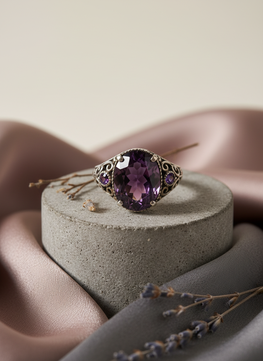 A finely crafted Victorian-era silver and amethyst ring resting atop an understated stone plinth, surrounded by soft folds of muted silk fabric. The ring features ornate scrollwork and deep grape-colored gemstone details, its facets glimmering under gentle, directional studio lighting. Shadows play subtly across both the ring and the draped silk, introducing refined depth and texture to the composition. Captured with a centered composition and sharp focus on the intricate details, the mood is one of refined romance and elegant simplicity, echoing the essence of cherished antique jewelry. The photographic style uses a restrained color palette and minimalist accents, ideal for a classic antiquaire boutique.