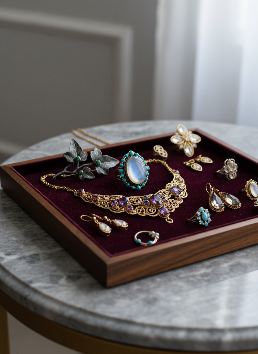 A collection of ornate antique jewelry pieces meticulously displayed on a velvet-lined, dark walnut tray. Each piece features intricate metalwork—gleaming gold filigree, sterling silver settings, and rich patinaed surfaces set with semiprecious stones. The tray is positioned atop a minimalist, slate-gray marble surface, with faint reflections enhancing the arrangement. Soft, diffused natural light from a nearby window bathes the jewelry, revealing subtle gradients in the metals and gentle sparkles from the gemstones. The overall composition is centered and balanced, with a shallow depth of field that blurs the elegant, muted background. The mood is sophisticated and serene, accentuating the timeless beauty and history of these objects. The image style is photographic realism with minimalist elegance, mirroring the store’s refined identity.