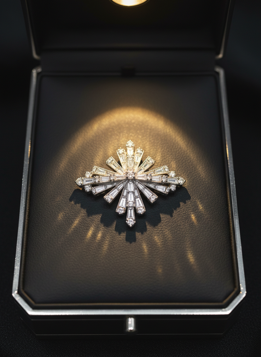 A delicate Art Deco diamond brooch with geometric platinum lines and baguette-cut diamonds, arranged neatly in the center of a matte charcoal display case. The brooch’s reflective stone facets catch the faint golden glow of a nearby spotlamp, creating soft, radiant sparkles against the subtle, dark background. Minimalist design elements frame the piece, allowing its refined craft and symmetry to shine. Photographed from a slightly elevated angle with sharp focus on the brooch and a gently blurred periphery, the image exudes sophistication and quiet opulence, perfectly suited for a high-end antiques website.