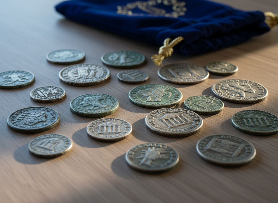 An array of rare, antique silver coins with intricate embossed designs, gently scattered across a curated, muted oak tabletop. The varying sizes and aged, worn surfaces of the coins reveal their unique patinas and subtle luster. In the background, a blurred out, elegant velvet pouch adds visual interest without detracting from the coins. Cool, diffused daylight streams in from the side, producing gentle highlights and soft shadows that enhance the timeworn character and texture of each piece. Composed at a low, angled perspective for depth and intimacy, the mood is quiet reverence for history and collection. The aesthetic is clean, minimalist, and photographic, in harmony with the sophisticated store branding.