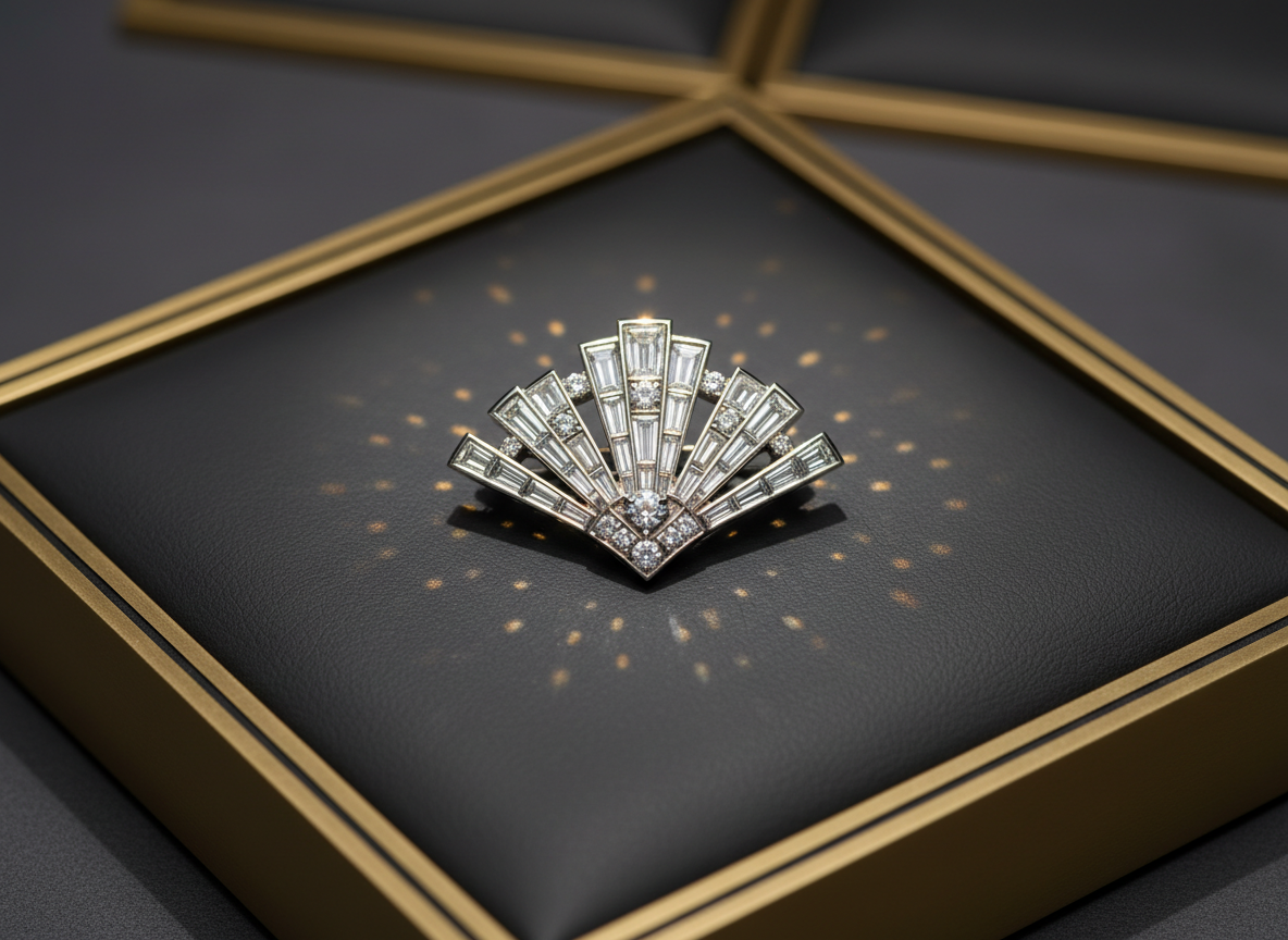 A delicate Art Deco diamond brooch with geometric platinum lines and baguette-cut diamonds, arranged neatly in the center of a matte charcoal display case. The brooch’s reflective stone facets catch the faint golden glow of a nearby spotlamp, creating soft, radiant sparkles against the subtle, dark background. Minimalist design elements frame the piece, allowing its refined craft and symmetry to shine. Photographed from a slightly elevated angle with sharp focus on the brooch and a gently blurred periphery, the image exudes sophistication and quiet opulence, perfectly suited for a high-end antiques website.