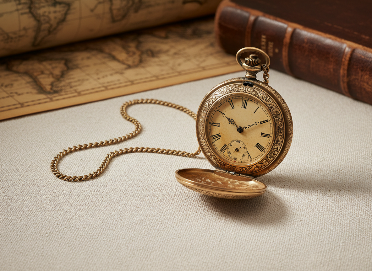 A single, vintage gold pocket watch with detailed engraving and a slightly faded ivory face, lying open atop a textured linen cloth. The watch’s delicate chain trails gracefully across the fabric, catching tiny glints of light. In the background, softly blurred antique maps and an old leather-bound book hint at stories of past journeys. Gentle overhead studio lighting creates refined shadows and subtle highlights on the watch’s surface, emphasizing craftsmanship. Captured at eye-level with a touch of negative space around the subject, the mood is calm, nostalgic, and elegant. Photographic realism with a muted, minimalist palette aligns with the store’s sophisticated personality and focus on treasured objects.