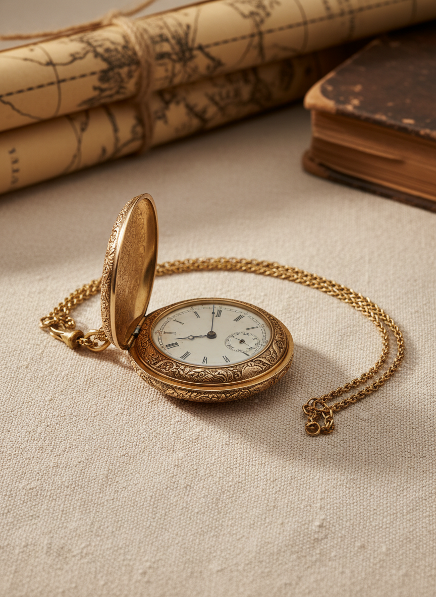 A single, vintage gold pocket watch with detailed engraving and a slightly faded ivory face, lying open atop a textured linen cloth. The watch’s delicate chain trails gracefully across the fabric, catching tiny glints of light. In the background, softly blurred antique maps and an old leather-bound book hint at stories of past journeys. Gentle overhead studio lighting creates refined shadows and subtle highlights on the watch’s surface, emphasizing craftsmanship. Captured at eye-level with a touch of negative space around the subject, the mood is calm, nostalgic, and elegant. Photographic realism with a muted, minimalist palette aligns with the store’s sophisticated personality and focus on treasured objects.